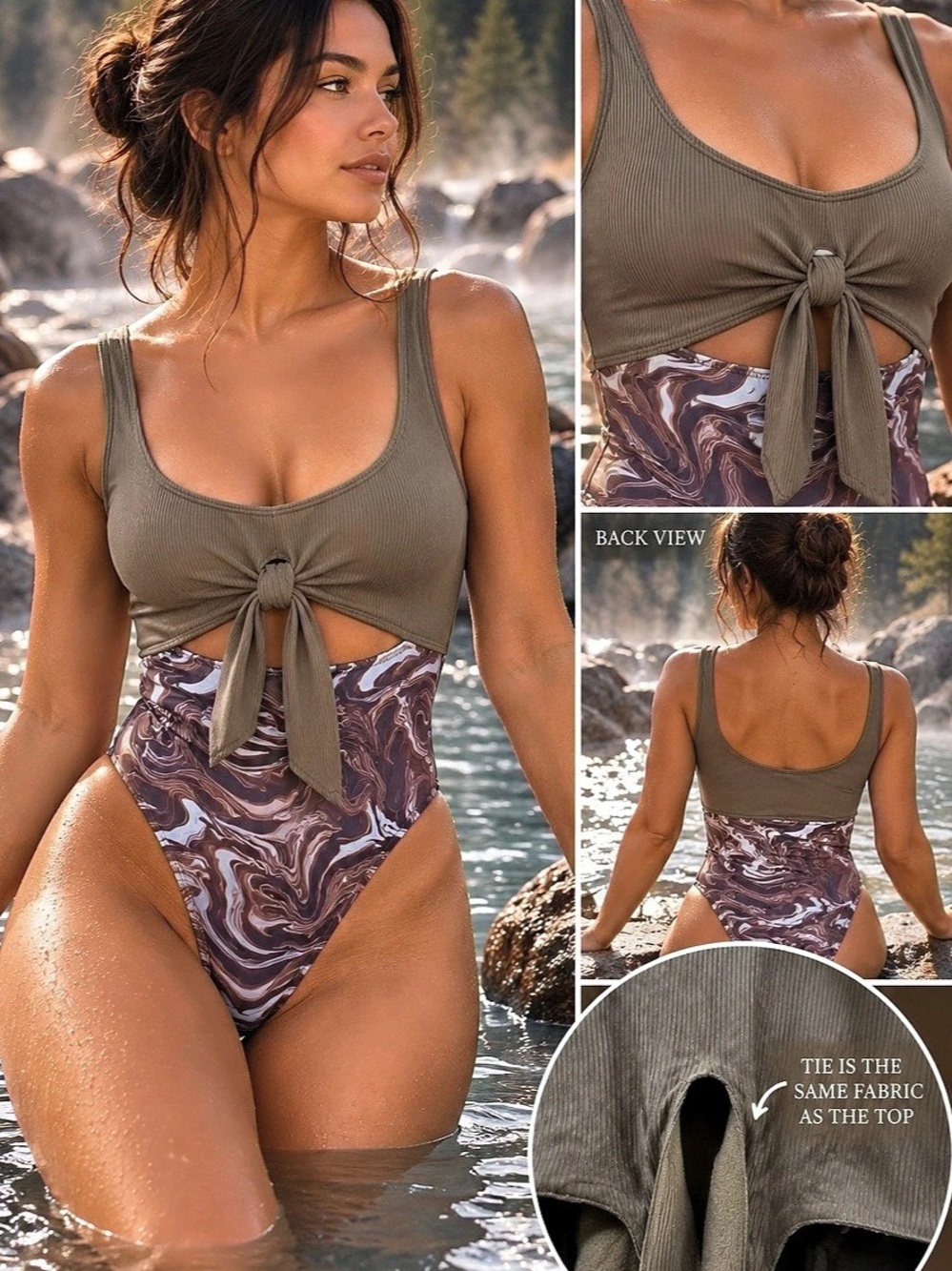 REFUGE | Abstract | Ribbed Tie Front | One Piece Swim | Size Large | Like New